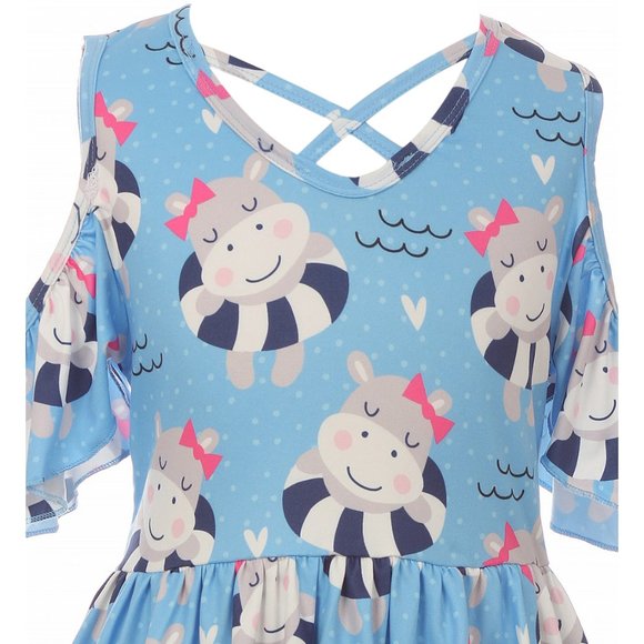 Little Girls Lovely Cold Shoulder Happy Hippo Birthday Party Easter Girl Dress - Picture 3 of 6